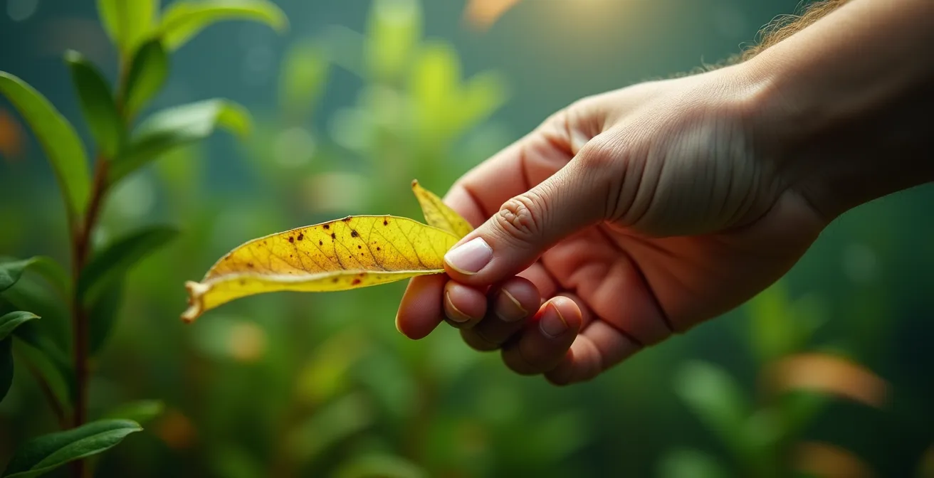 Gros plan sur une feuille de plante aquatique montrant des signes de carence