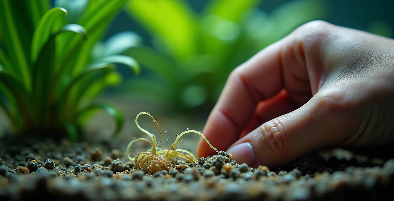 Mains plantant délicatement une plante aquatique dans le substrat
