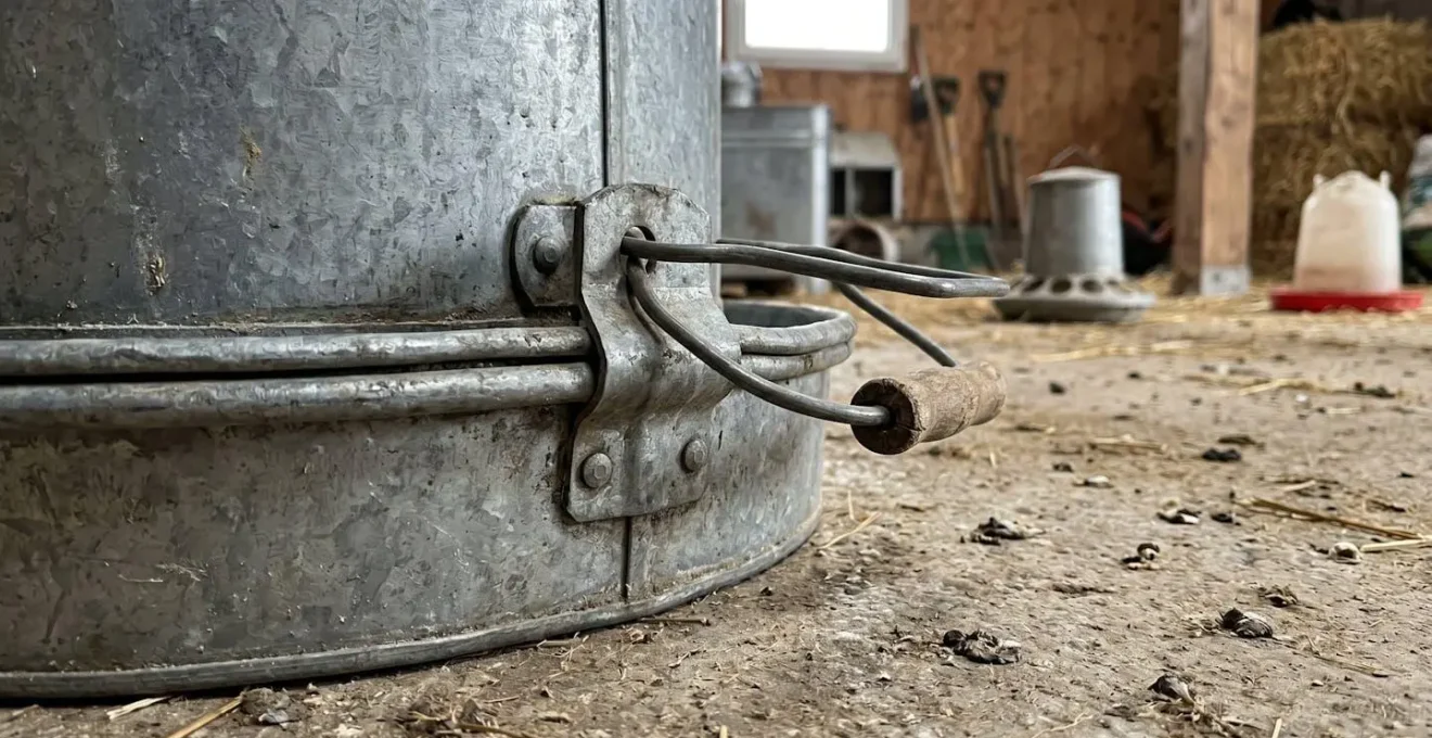 Détail rapproché d'un abreuvoir galvanisé montrant la double paroi métallique et la texture du revêtement zinc protecteur