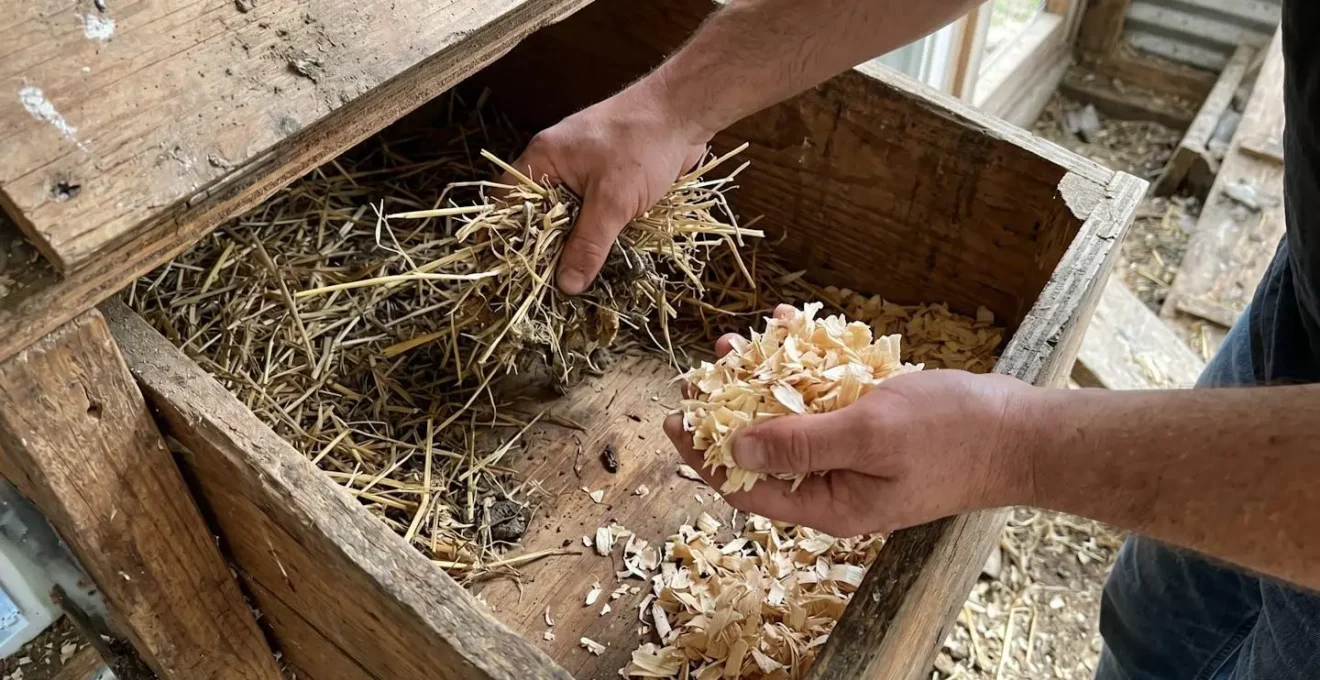 Mains remplaçant la litière souillée par des copeaux de bois frais dans un pondoir