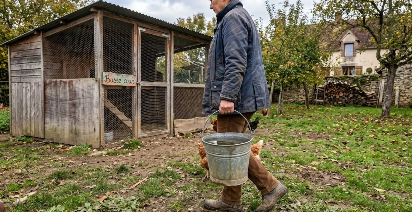 Personne transportant de profil un abreuvoir galvanisé par son anse métallique dans un jardin avec poulailler en arrière-plan