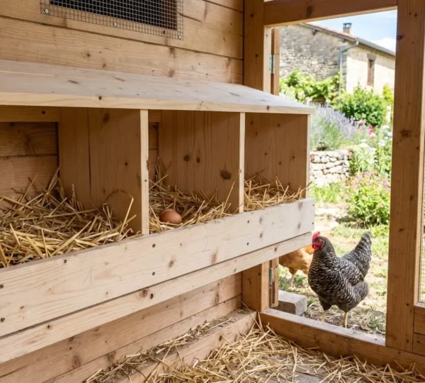Pondoir en bois garni de litière fraîche de paille dans un poulailler domestique bien aéré