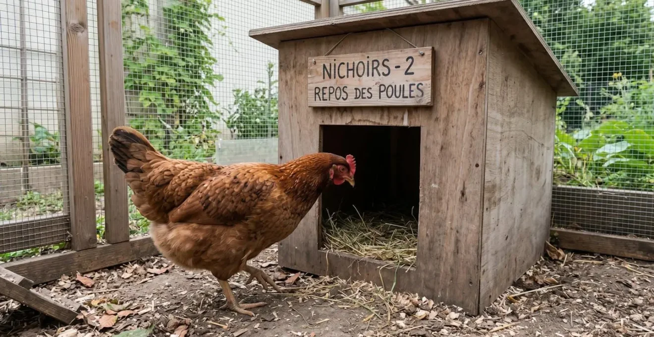 Poule rousse hésitant à l'entrée d'un pondoir dans un poulailler de jardin