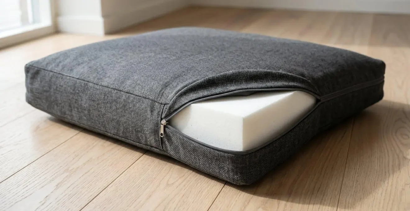 Gros plan sur un coussin orthopédique gris avec housse déhoussable entrouverte révélant la mousse à mémoire de forme blanche