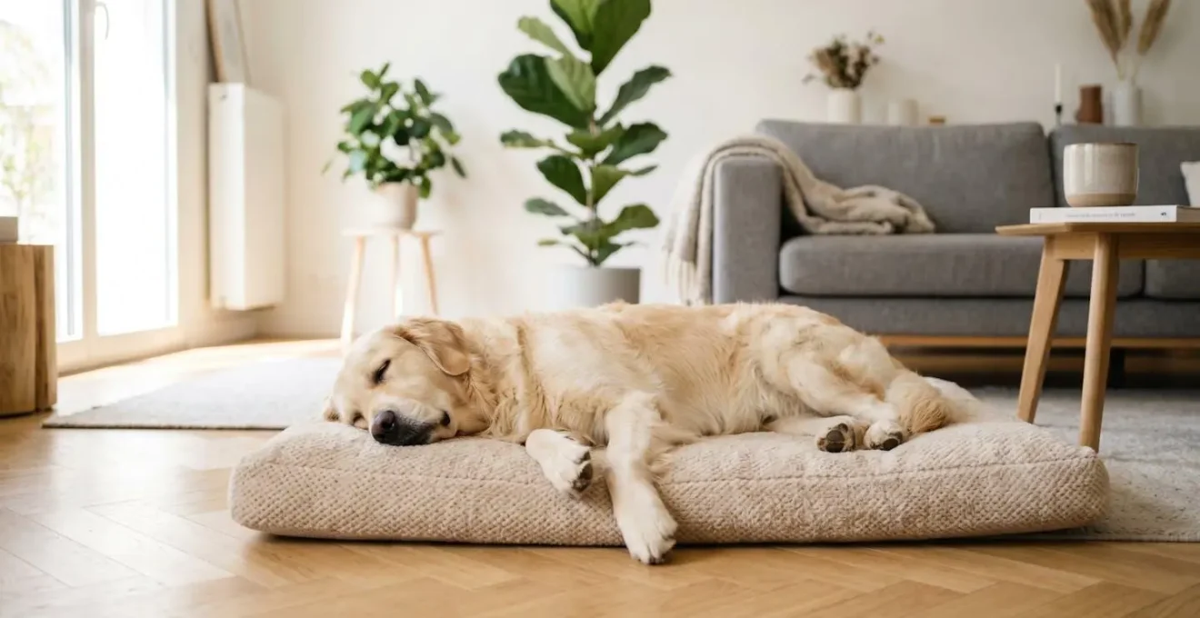 Golden Retriever adulte dormant paisiblement sur un coussin orthopédique beige dans un salon lumineux avec parquet clair, illustrant le confort d'un couchage adapté