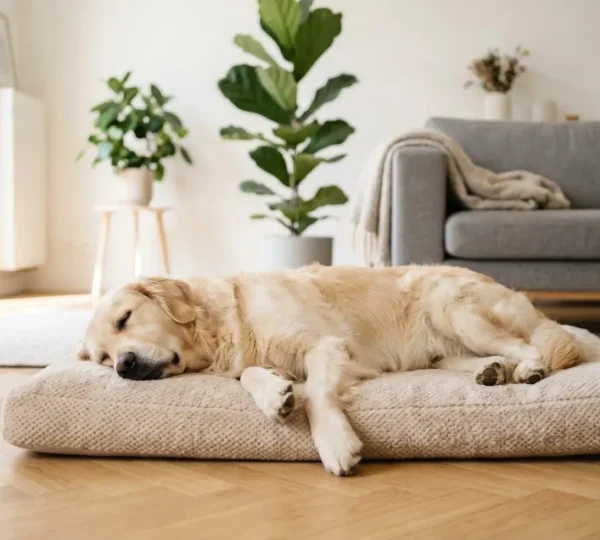 Golden Retriever adulte dormant paisiblement sur un coussin orthopédique beige dans un salon lumineux avec parquet clair, illustrant le confort d'un couchage adapté