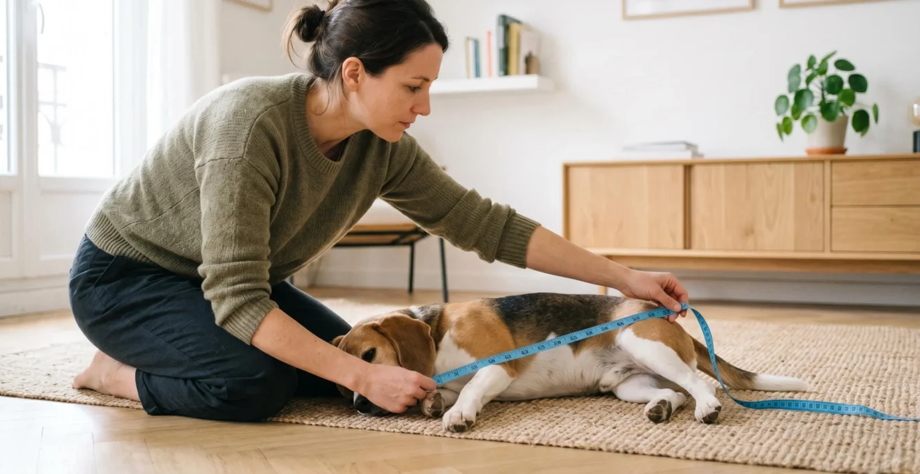 Propriétaire mesurant la longueur de son Beagle allongé avec un mètre-ruban pour déterminer la taille de couchage appropriée